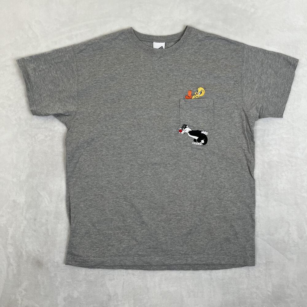 Vintage Warner Bros Tweety Sylvester Pocket T-Shirt Size L Gray Looney Tunes